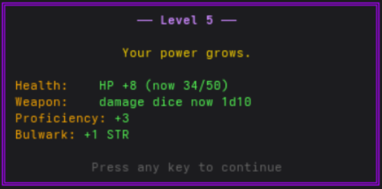 Level-up overlay: new level and stat gains
