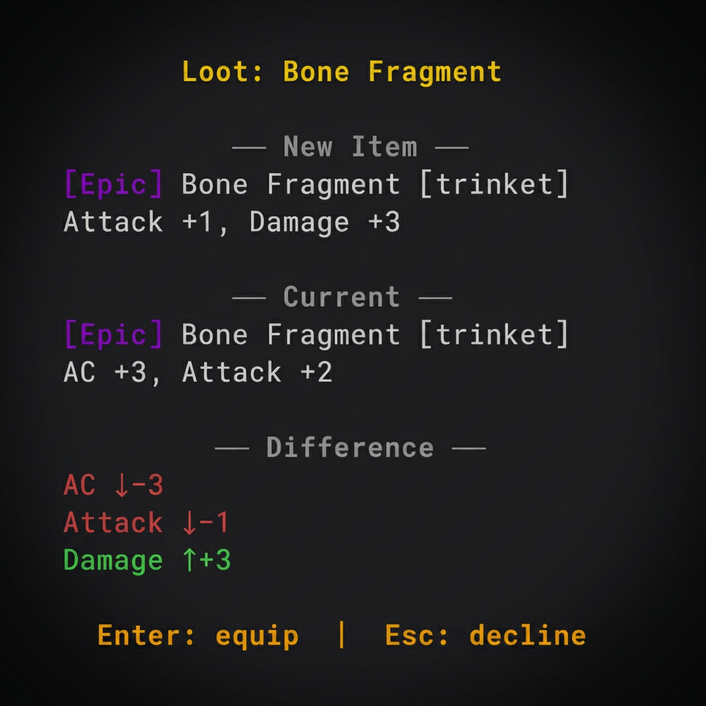 Loot comparison: item stats and rarity