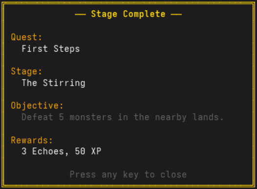 Quest complete overlay: quest name, objective, and rewards
